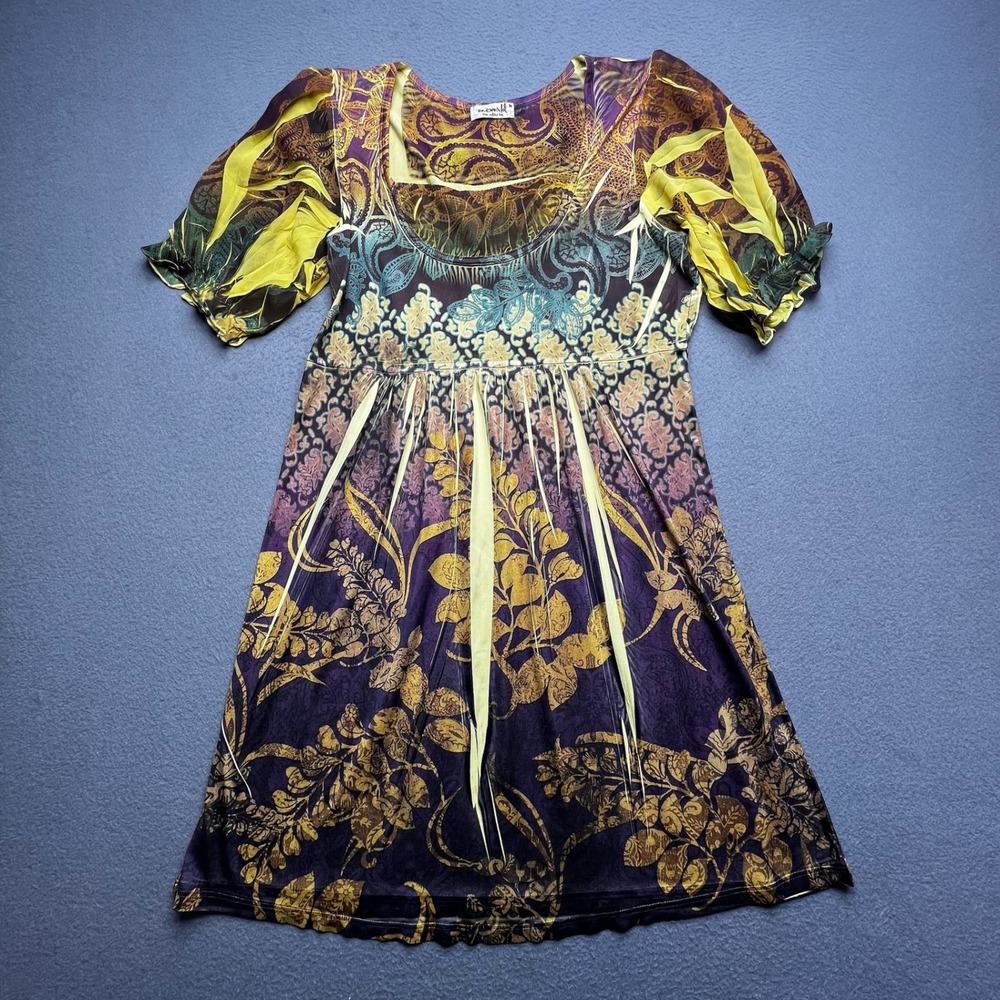 One World Women Tunic Top Paisley Floral Purple Yellow‎ M Boho Eclectic whimsi